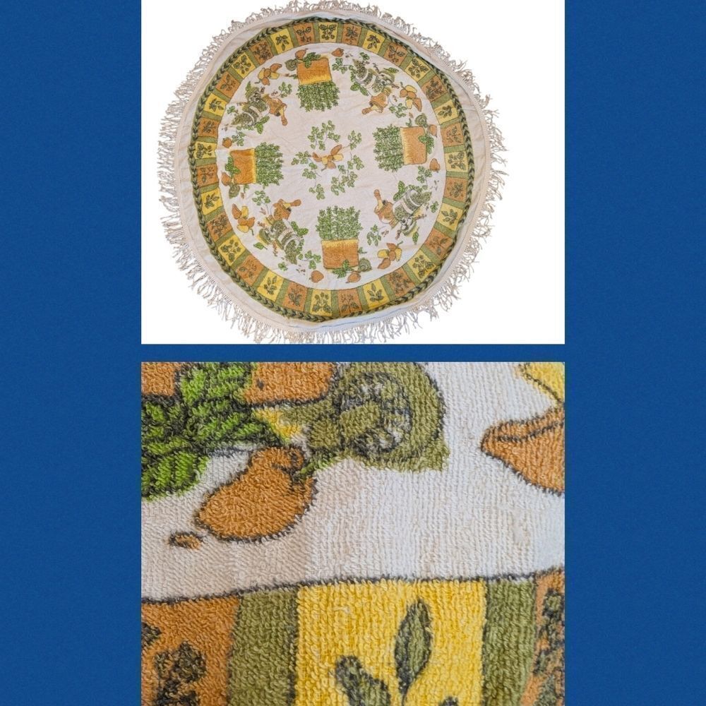 vintage 70s Terry cloth round tablecloth herbs mushroom tablecloth boho
